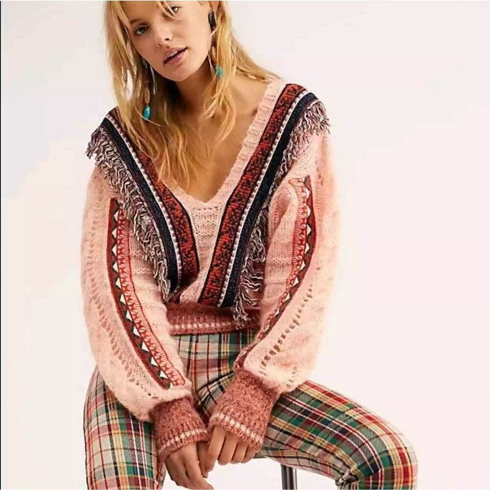 Free People Passion Fruit Wool Mohair Alpaca Fringe Boho Sweater Womens XS